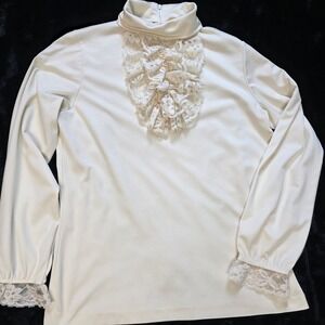 Queens Way Blouse Womens 14 Cream Vintage Ruffle Turtleneck Lace Jabot GUC